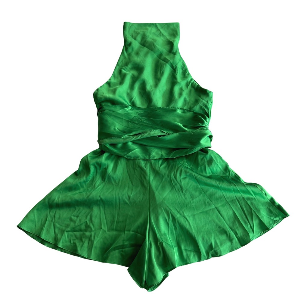 Petal & Pup NWT Odilia Tie Waist‎ Sleeveless Funnelneck Kelly Green Romper M - Picture 3 of 13